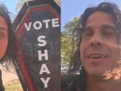 Arkansas mayoral candidate with his coffin campaign sign.
