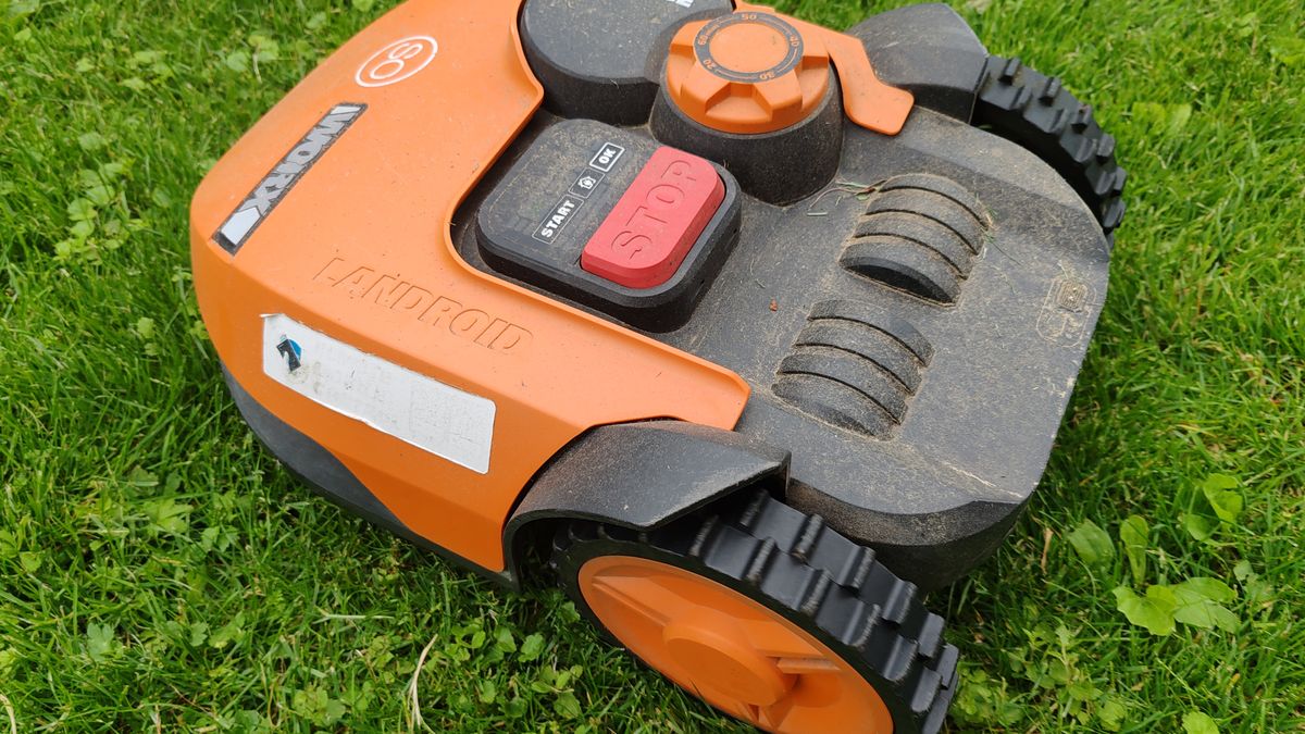 A robot lawn mower on green grass